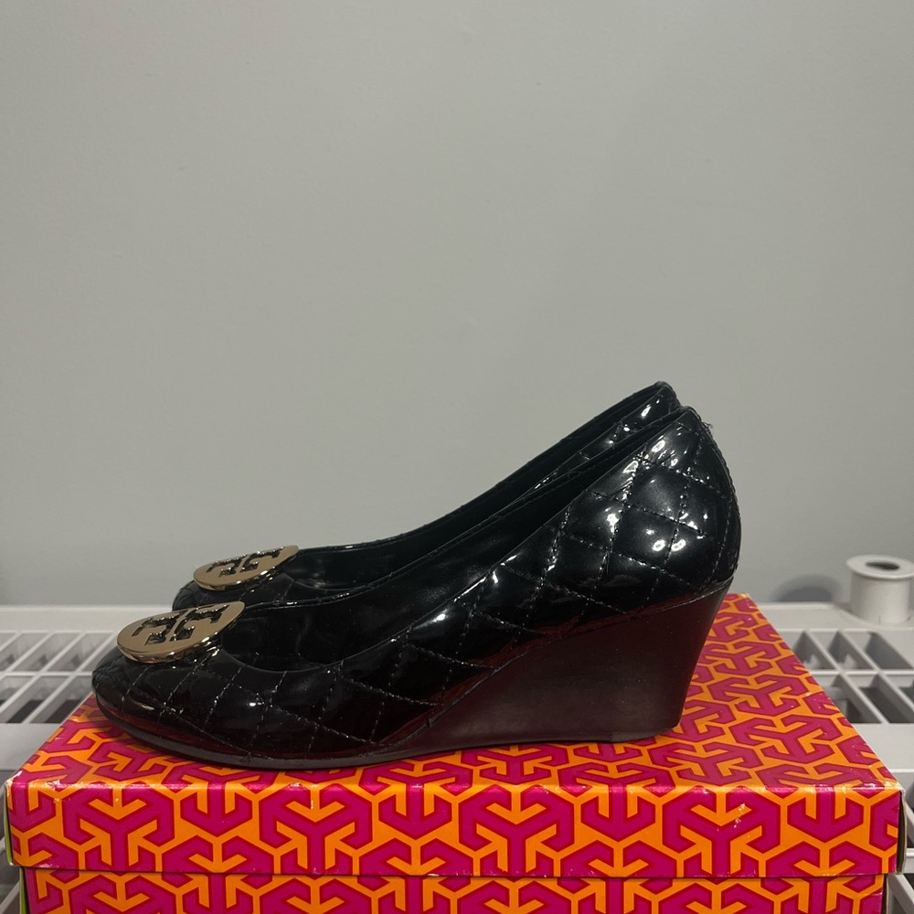Tory Burch Black Quilted Wedges with Gold Accent